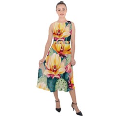 Prickly Pear Cactus Flower Plant Midi Tie-back Chiffon Dress by Ravend