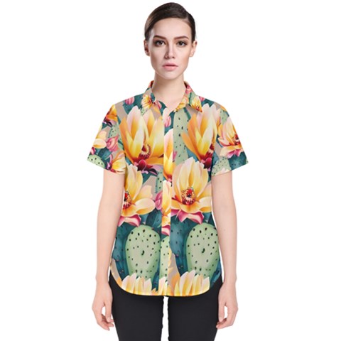 Prickly Pear Cactus Flower Plant Women s Short Sleeve Shirt by Ravend