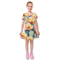 Prickly Pear Cactus Flower Plant Kids  Short Sleeve Velvet Dress