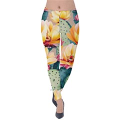 Prickly Pear Cactus Flower Plant Velvet Leggings by Ravend