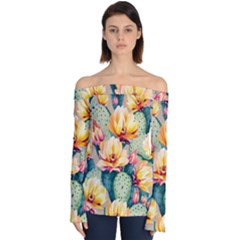 Prickly Pear Cactus Flower Plant Off Shoulder Long Sleeve Top by Ravend