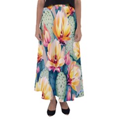 Prickly Pear Cactus Flower Plant Flared Maxi Skirt by Ravend