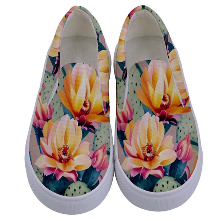 Prickly Pear Cactus Flower Plant Kids  Canvas Slip Ons