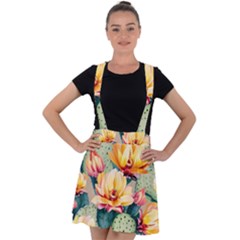 Prickly Pear Cactus Flower Plant Velvet Suspender Skater Skirt by Ravend