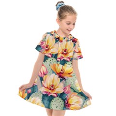 Prickly Pear Cactus Flower Plant Kids  Short Sleeve Shirt Dress by Ravend