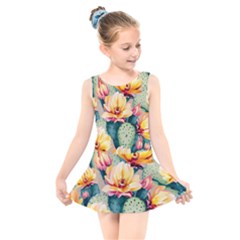 Prickly Pear Cactus Flower Plant Kids  Skater Dress Swimsuit by Ravend