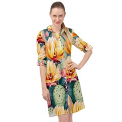 Prickly Pear Cactus Flower Plant Long Sleeve Mini Shirt Dress by Ravend