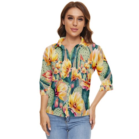 Prickly Pear Cactus Flower Plant Women s Quarter Sleeve Pocket Shirt by Ravend