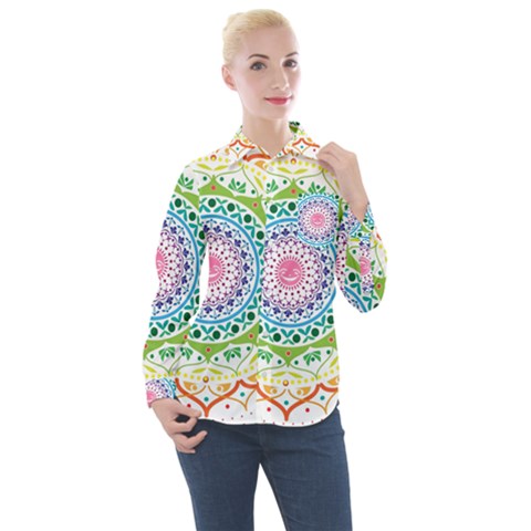 Mandala Pattern Rainbow Pride Women s Long Sleeve Pocket Shirt by Ravend