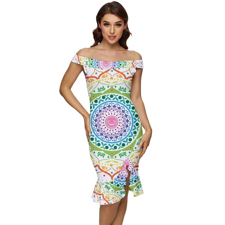 Mandala Pattern Rainbow Pride Off Shoulder Ruffle Split Hem Bodycon Dress