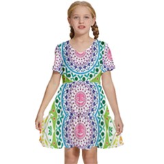 Mandala Pattern Rainbow Pride Kids  Short Sleeve Tiered Mini Dress by Ravend