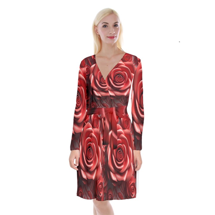 Roses Flowers Plant Long Sleeve Velvet Front Wrap Dress