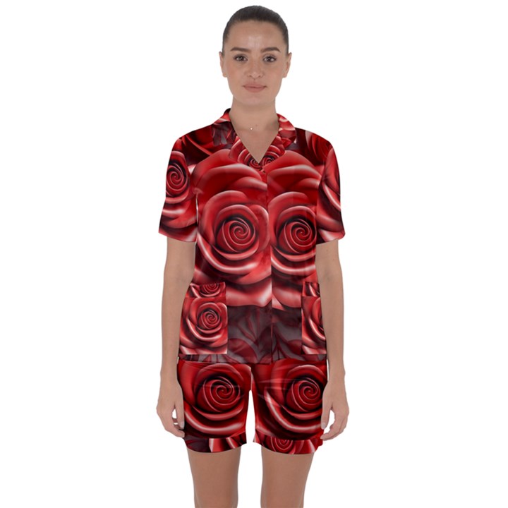 Roses Flowers Plant Satin Short Sleeve Pajamas Set