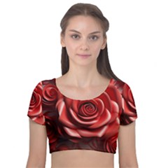 Roses Flowers Plant Velvet Short Sleeve Crop Top  by Ravend