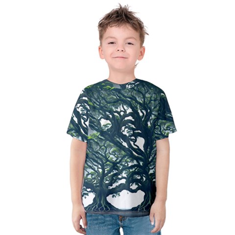 Tree Leaf Green Forest Wood Natural Nature Kids  Cotton Tee by Ravend