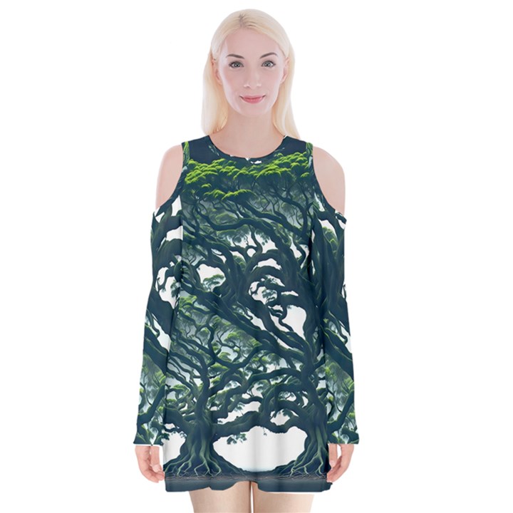 Tree Leaf Green Forest Wood Natural Nature Velvet Long Sleeve Shoulder Cutout Dress