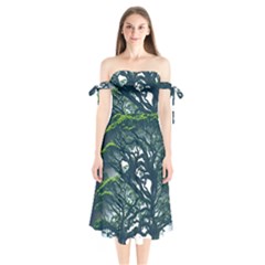 Tree Leaf Green Forest Wood Natural Nature Shoulder Tie Bardot Midi Dress by Ravend