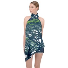 Tree Leaf Green Forest Wood Natural Nature Halter Asymmetric Satin Top by Ravend