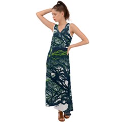 Tree Leaf Green Forest Wood Natural Nature V-neck Chiffon Maxi Dress by Ravend