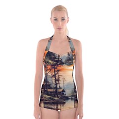 Fantasy Landscape Foggy Mysterious Boyleg Halter Swimsuit  by Ravend