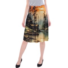 Fantasy Landscape Foggy Mysterious Midi Beach Skirt by Ravend