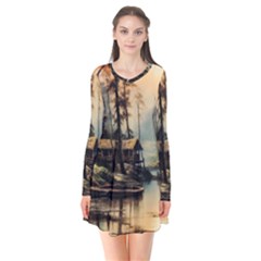 Fantasy Landscape Foggy Mysterious Long Sleeve V-neck Flare Dress by Ravend