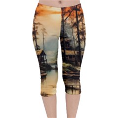 Fantasy Landscape Foggy Mysterious Velvet Capri Leggings  by Ravend