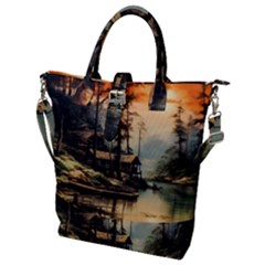 Fantasy Landscape Foggy Mysterious Buckle Top Tote Bag by Ravend