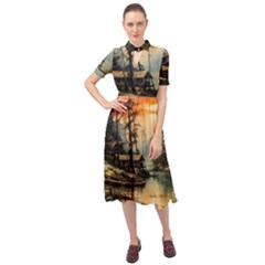 Fantasy Landscape Foggy Mysterious Keyhole Neckline Chiffon Dress by Ravend