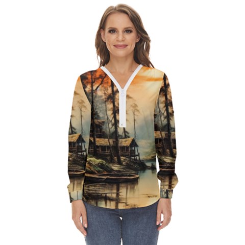 Fantasy Landscape Foggy Mysterious Zip Up Long Sleeve Blouse by Ravend