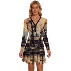 Fantasy Landscape Foggy Mysterious Long Sleeve Deep V Mini Dress 