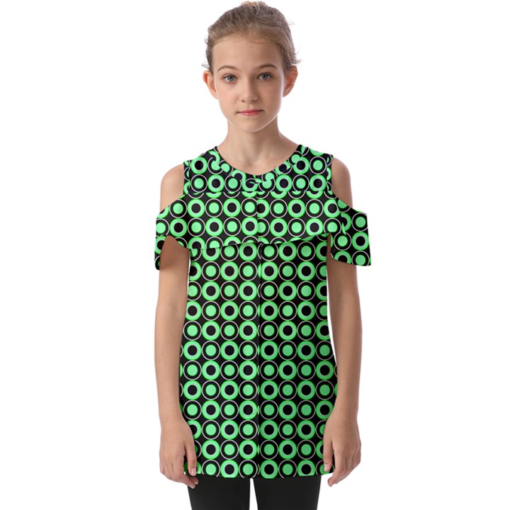 Mazipoodles Green Donuts Polka Dot Fold Over Open Sleeve Top