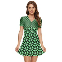 Mazipoodles Green Donuts Polka Dot V-neck High Waist Chiffon Mini Dress by Mazipoodles