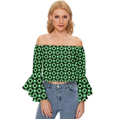 Mazipoodles Green Donuts Polka Dot Off Shoulder Flutter Bell Sleeve Top