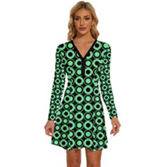 Mazipoodles Green Donuts Polka Dot Long Sleeve Deep V Mini Dress 