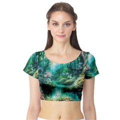 River Stream Flower Nature Short Sleeve Crop Top by Ravend