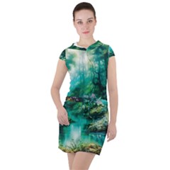 River Stream Flower Nature Drawstring Hooded Dress by Ravend