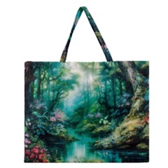 River Stream Flower Nature Zipper Large Tote Bag by Ravend