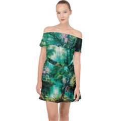 River Stream Flower Nature Off Shoulder Chiffon Dress by Ravend