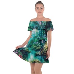 River Stream Flower Nature Off Shoulder Velour Dress by Ravend