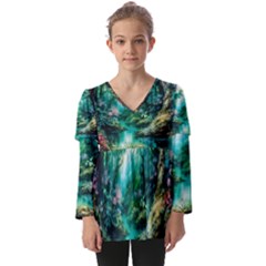 River Stream Flower Nature Kids  V Neck Casual Top by Ravend