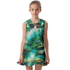 River Stream Flower Nature Kids  Pilgrim Collar Ruffle Hem Dress by Ravend