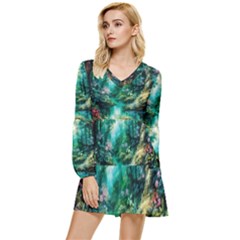 River Stream Flower Nature Tiered Long Sleeve Mini Dress by Ravend