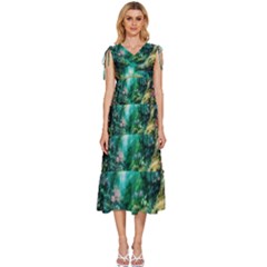 River Stream Flower Nature V-neck Drawstring Shoulder Sleeveless Maxi Dress by Ravend