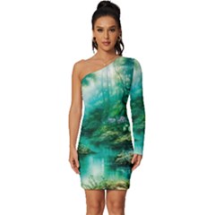 River Stream Flower Nature Long Sleeve One Shoulder Mini Dress by Ravend