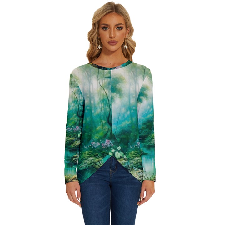 River Stream Flower Nature Long Sleeve Crew Neck Pullover Top