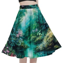 River Stream Flower Nature A-line Full Circle Midi Skirt With Pocket