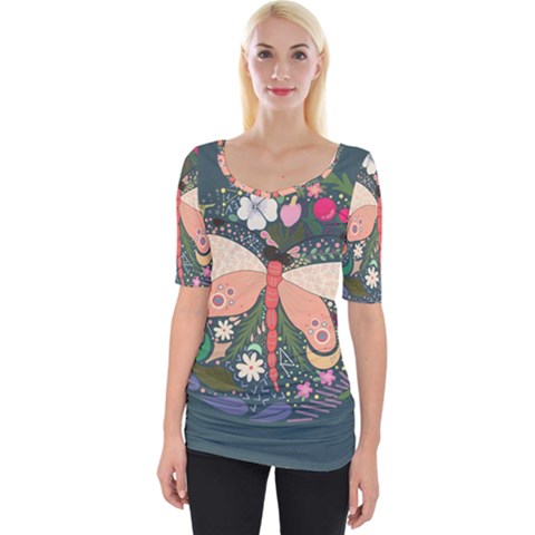 Bug Nature Flower Dragonfly Wide Neckline Tee by Ravend