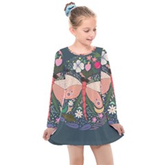 Bug Nature Flower Dragonfly Kids  Long Sleeve Dress by Ravend