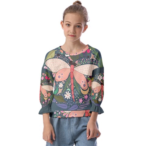 Bug Nature Flower Dragonfly Kids  Cuff Sleeve Top by Ravend